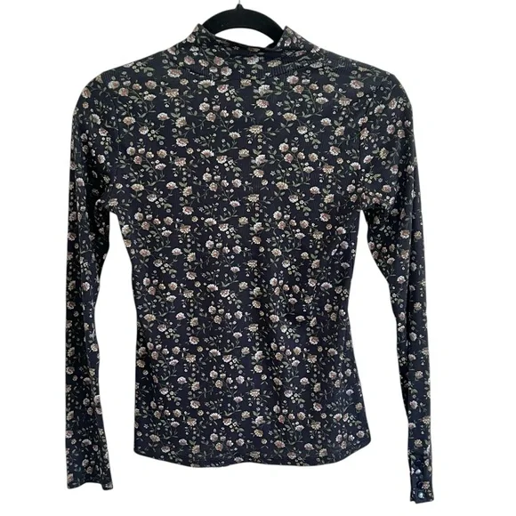 Sezane Felix Navy Blue Miranda Floral Mock Neck Long Sleeve Tee NWT Medium - Picture 3 of 11